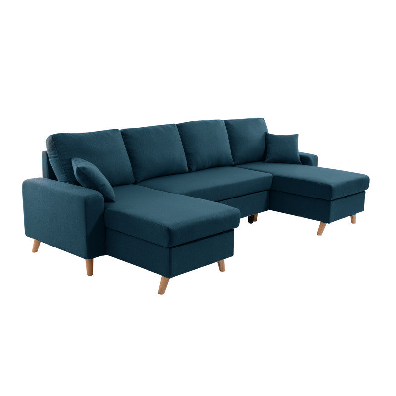 DOVIKU - Canapé panoramique scandinave convertible avec 2 coffres en tissu déperlant - Bleu