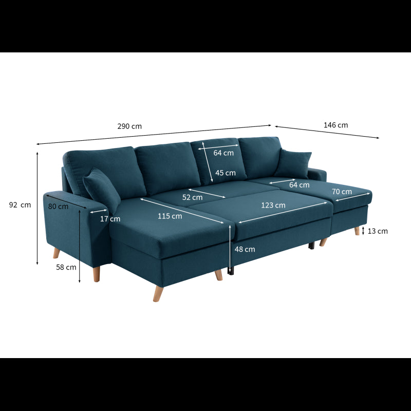 DOVIKU - Canapé panoramique scandinave convertible avec 2 coffres en tissu déperlant - Bleu
