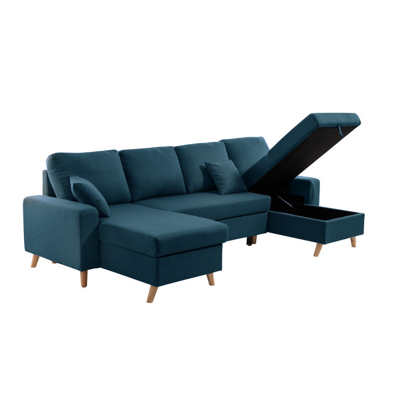 DOVIKU - Canapé panoramique scandinave convertible avec 2 coffres en tissu déperlant - Bleu