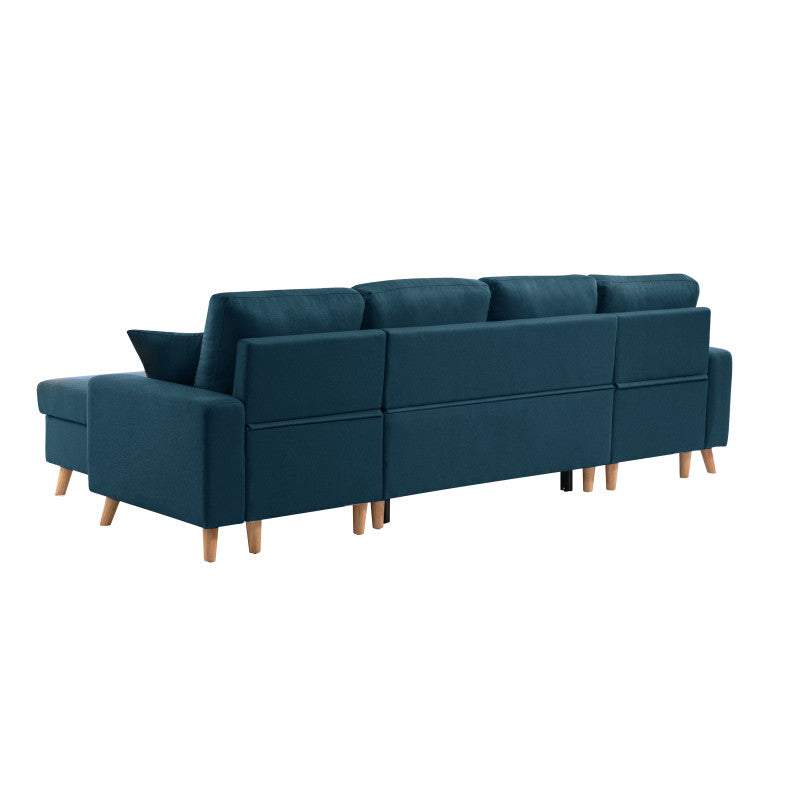 DOVIKU - Canapé panoramique scandinave convertible avec 2 coffres en tissu déperlant - Bleu
