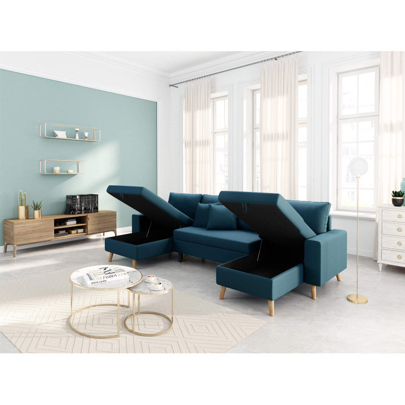 DOVIKU - Canapé panoramique scandinave convertible avec 2 coffres en tissu déperlant - Bleu