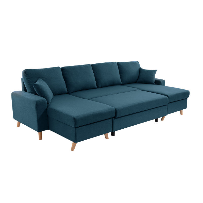 DOVIKU - Canapé panoramique scandinave convertible avec 2 coffres en tissu déperlant - Bleu