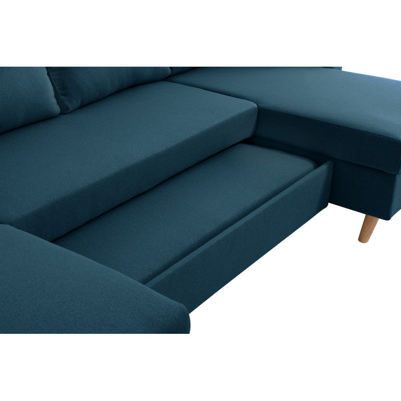 DOVIKU - Canapé panoramique scandinave convertible avec 2 coffres en tissu déperlant - Bleu