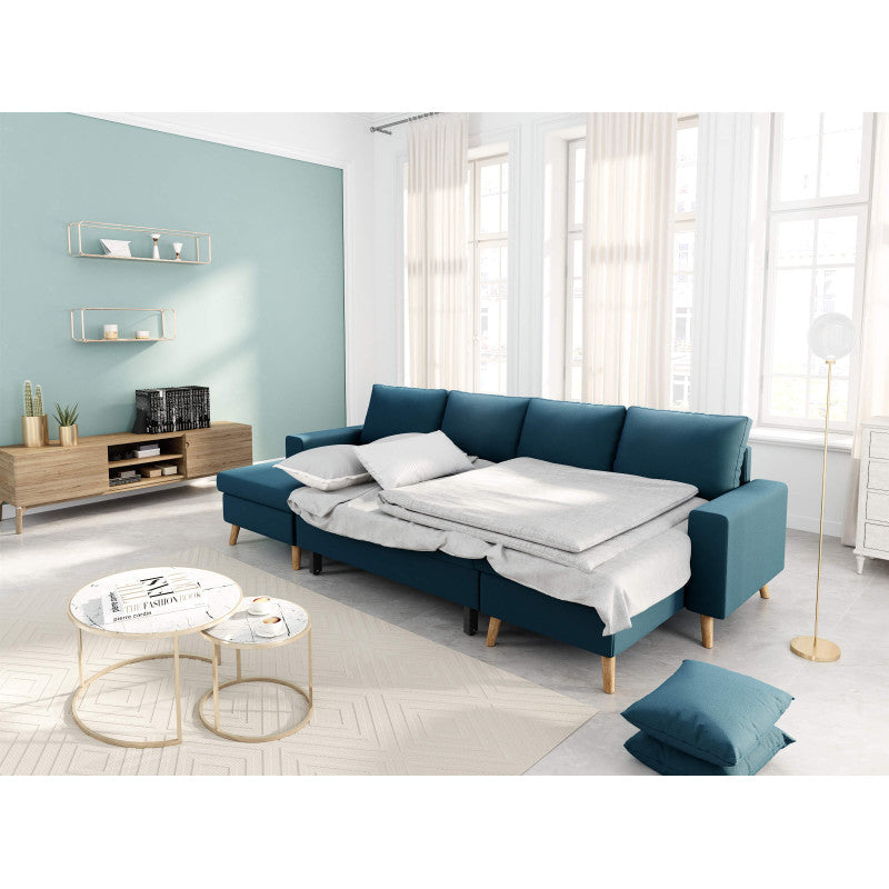 DOVIKU - Canapé panoramique scandinave convertible avec 2 coffres en tissu déperlant - Bleu
