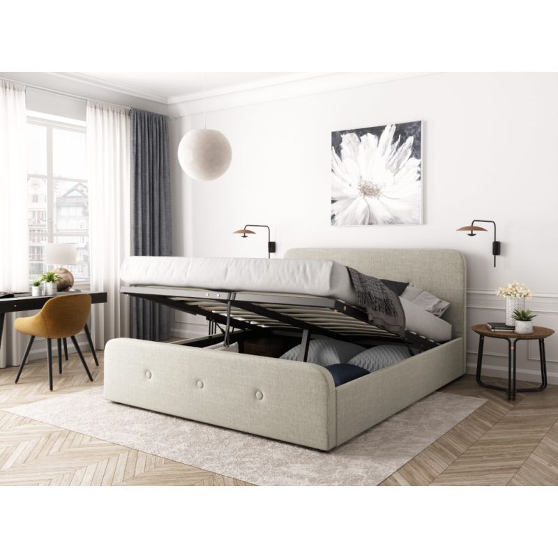BELLA - Cadre de lit avec tête de lit, sommier à lattes et coffre de rangement en tissu - Beige