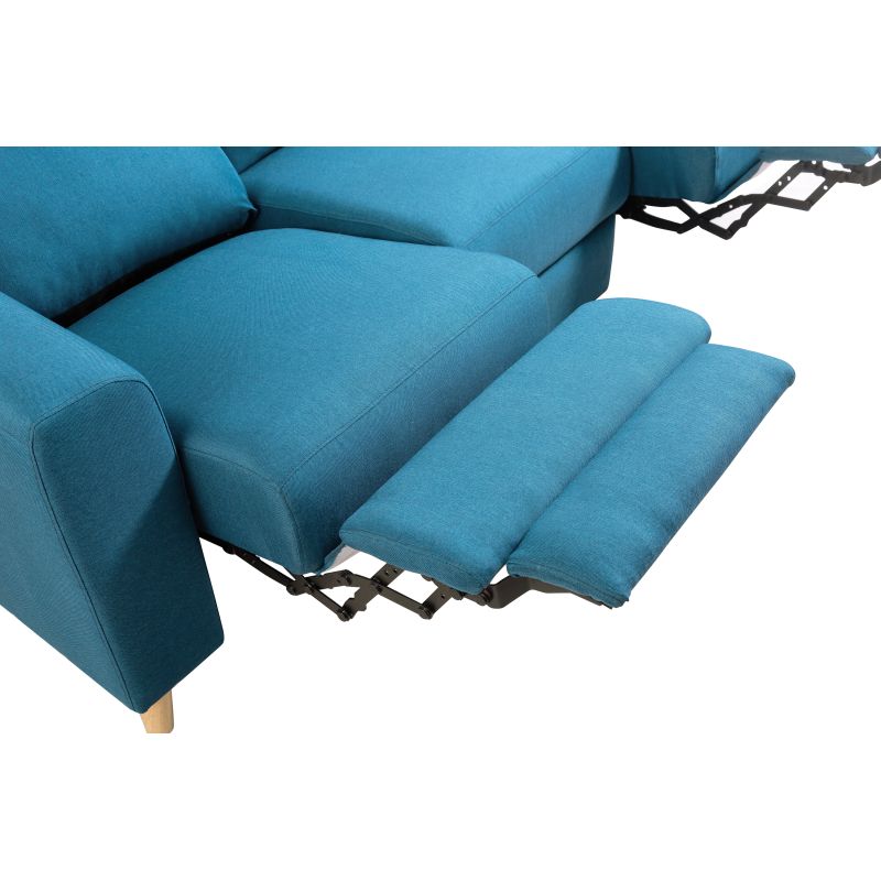 BERKAM - Canapé de relaxation électrique scandinave 3 places en tissu et pieds bois hêtre - Bleu