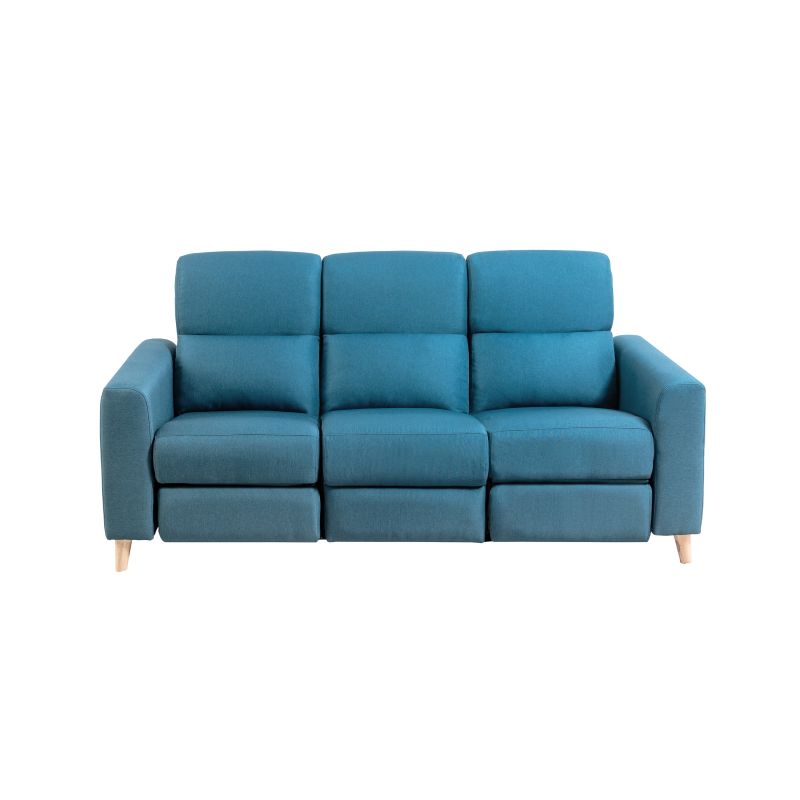 BERKAM - Canapé de relaxation électrique scandinave 3 places en tissu et pieds bois hêtre - Bleu