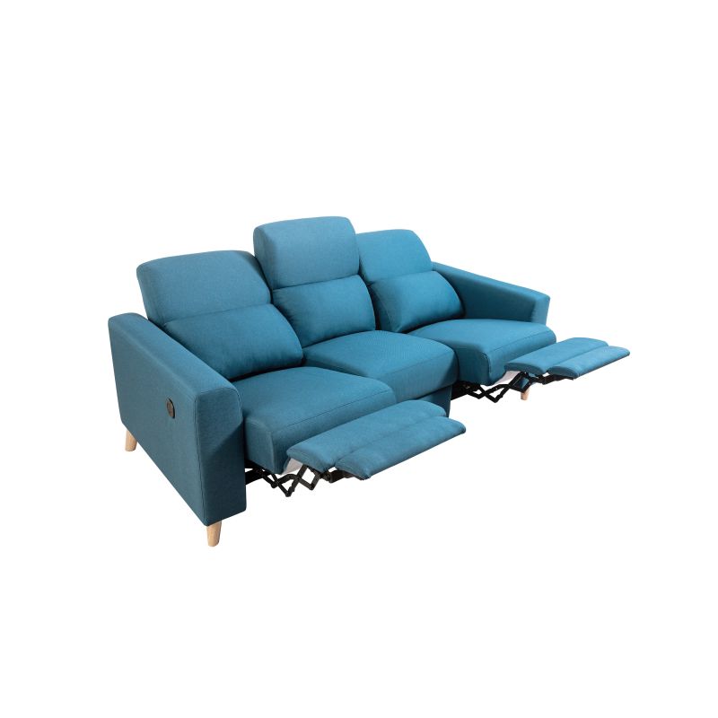 BERKAM - Canapé de relaxation électrique scandinave 3 places en tissu et pieds bois hêtre - Bleu