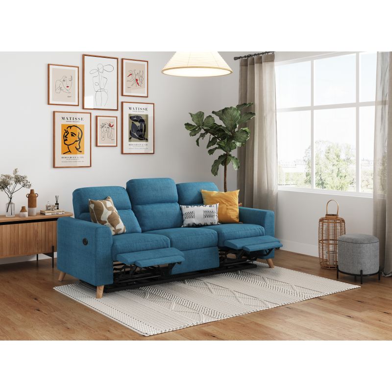 BERKAM - Canapé de relaxation électrique scandinave 3 places en tissu et pieds bois hêtre - Bleu