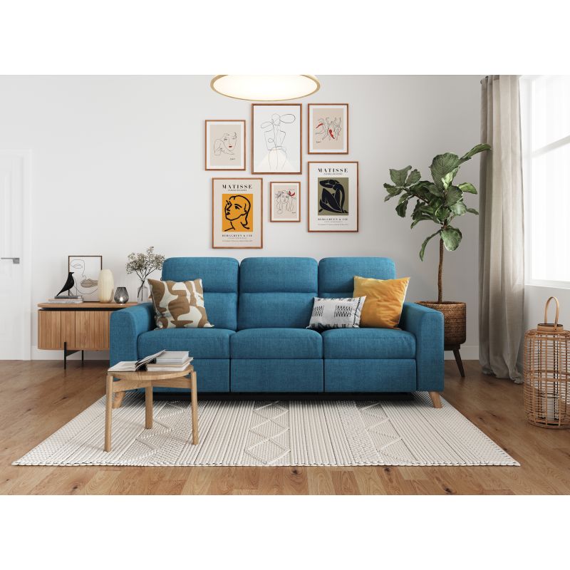 BERKAM - Canapé de relaxation électrique scandinave 3 places en tissu et pieds bois hêtre - Bleu