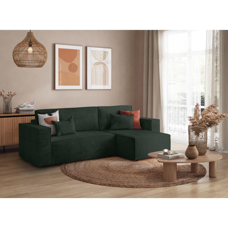 ZENTARA - Canapé d'angle convertible réversible avec coffre en velours côtelé - Vert foncé