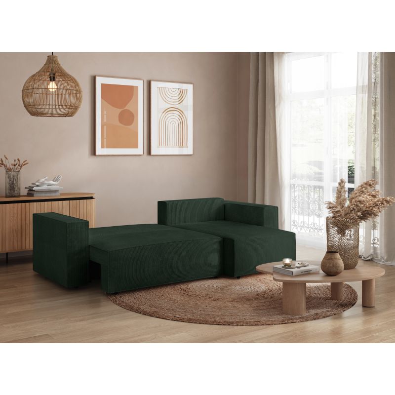 ZENTARA - Canapé d'angle convertible réversible avec coffre en velours côtelé - Vert foncé