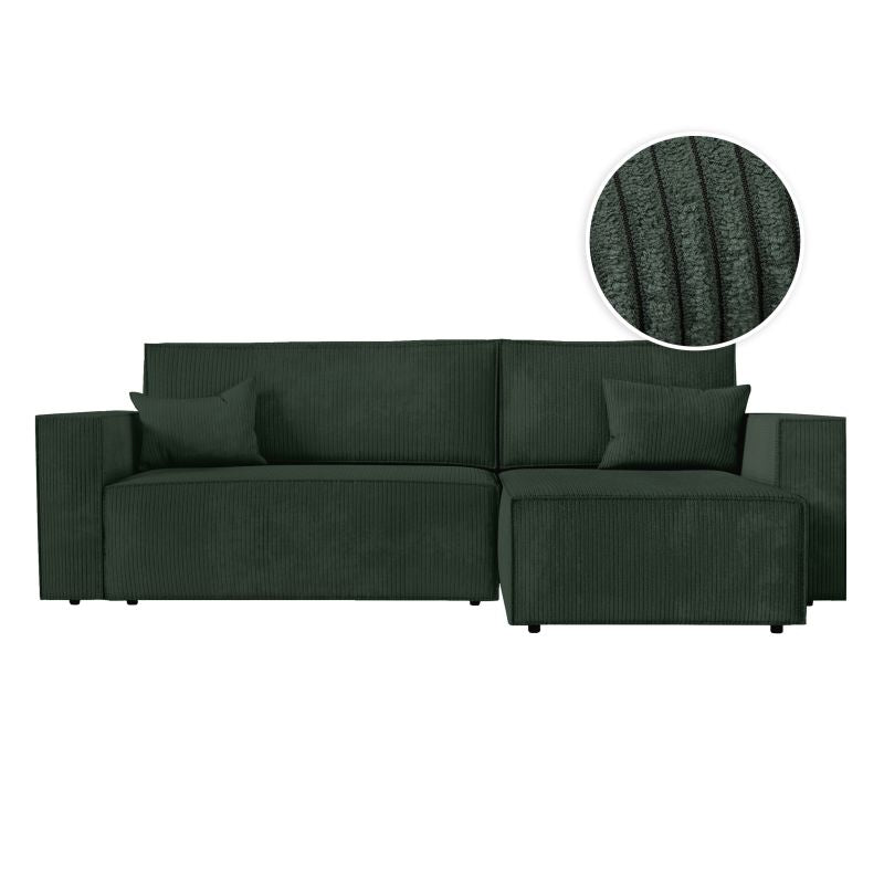ZENTARA - Canapé d'angle convertible réversible avec coffre en velours côtelé - Vert foncé