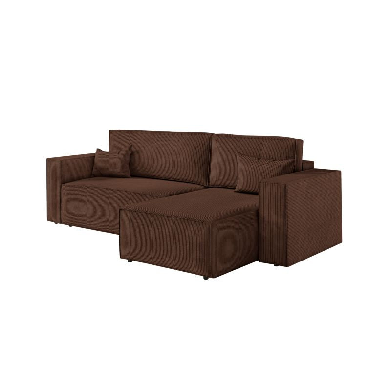 ZENTARA - Canapé d'angle convertible réversible avec pouf en velours côtelé - Marron