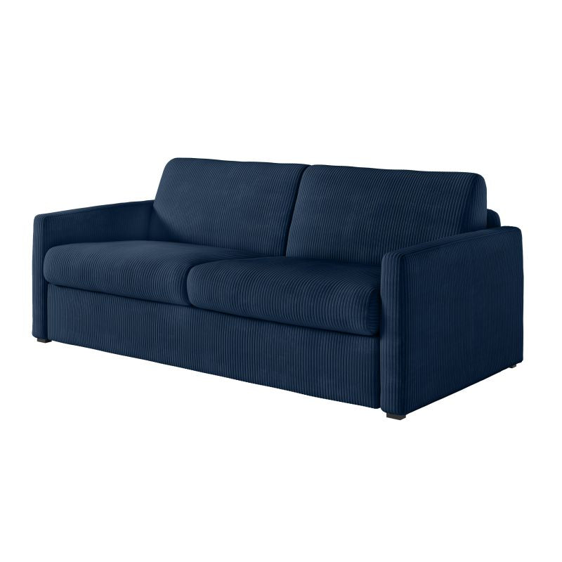 JASEN - Canapé convertible système couchage express 3 places en velours côtelé - Bleu foncé - 140 cm