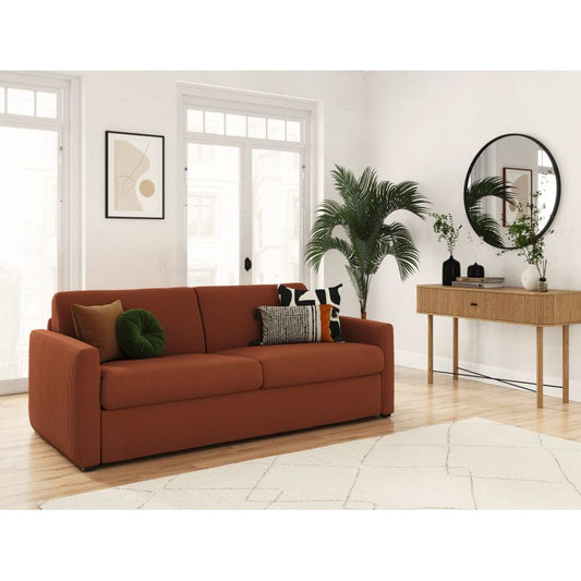 JASEN - Canapé convertible système couchage express 3 places en velours côtelé - Terracotta - 160 cm