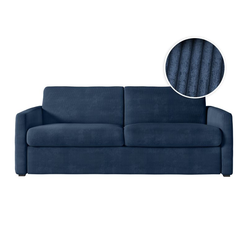 JASEN - Canapé convertible système couchage express 3 places en velours côtelé - Bleu foncé - 140 cm