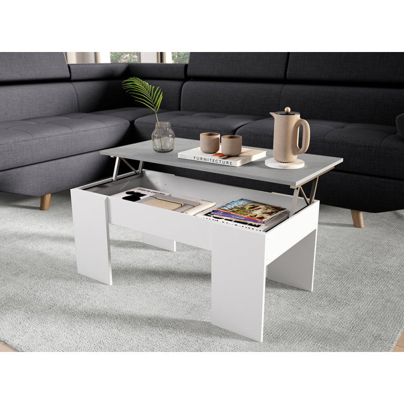 ARKHAM - Table basse avec plateau relevable - Blanc/béton