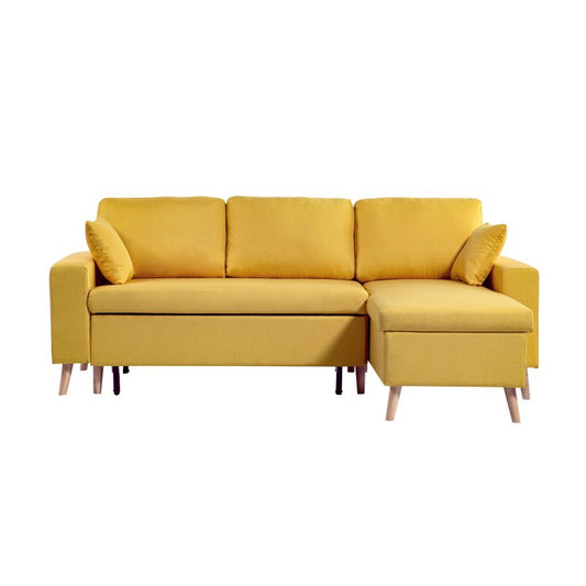 DOVIK - Canapé d'angle scandinave réversible convertible avec coffre en tissu - Jaune ocre