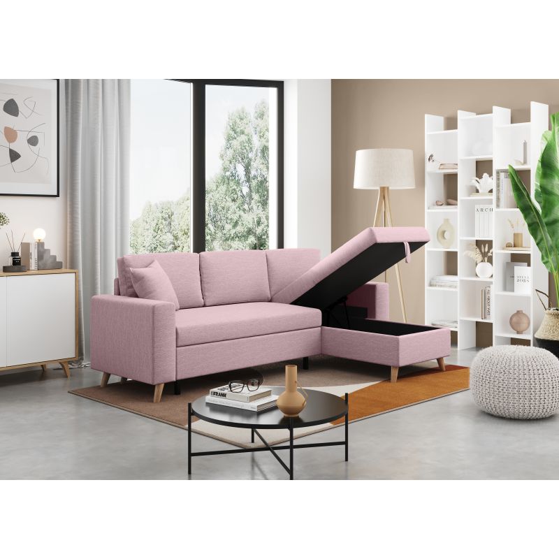 DOVIK - Canapé d'angle scandinave réversible convertible avec coffre en tissu - Vieux rose