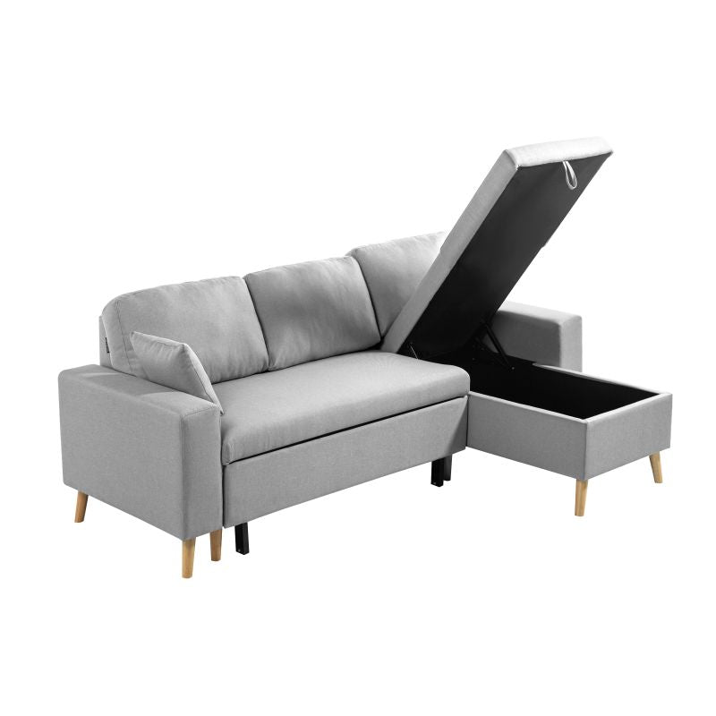 DOVIK - Canapé d'angle scandinave réversible convertible avec coffre en tissu - Gris clair