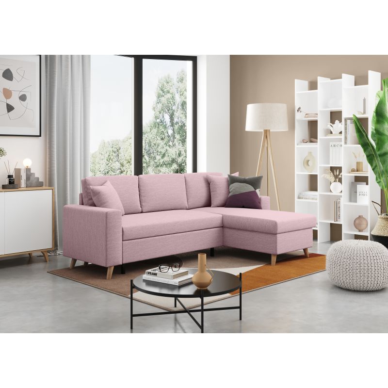 DOVIK - Canapé d'angle scandinave réversible convertible avec coffre en tissu - Vieux rose