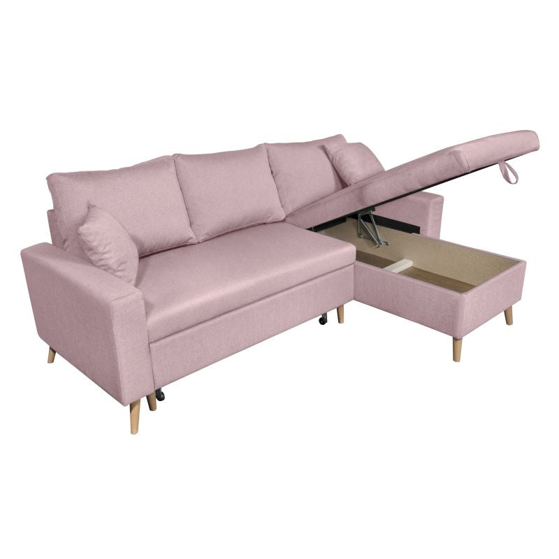 DOVIK - Canapé d'angle scandinave réversible convertible avec coffre en tissu - Vieux rose