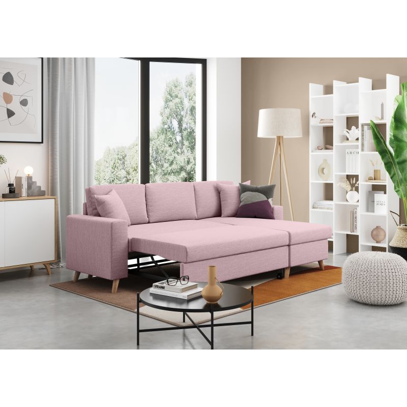 DOVIK - Canapé d'angle scandinave réversible convertible avec coffre en tissu - Vieux rose