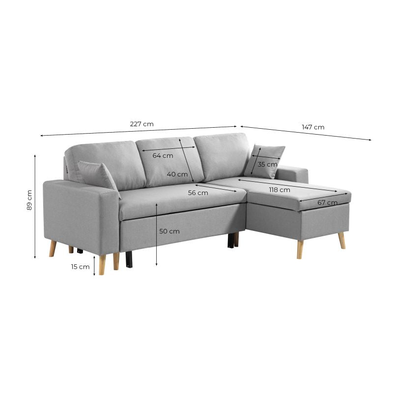 DOVIK - Canapé d'angle scandinave réversible convertible avec coffre en tissu - Bleu clair