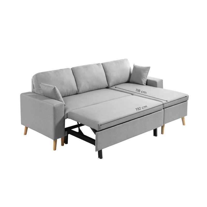 DOVIK - Canapé d'angle scandinave réversible convertible avec coffre en tissu - Bleu clair