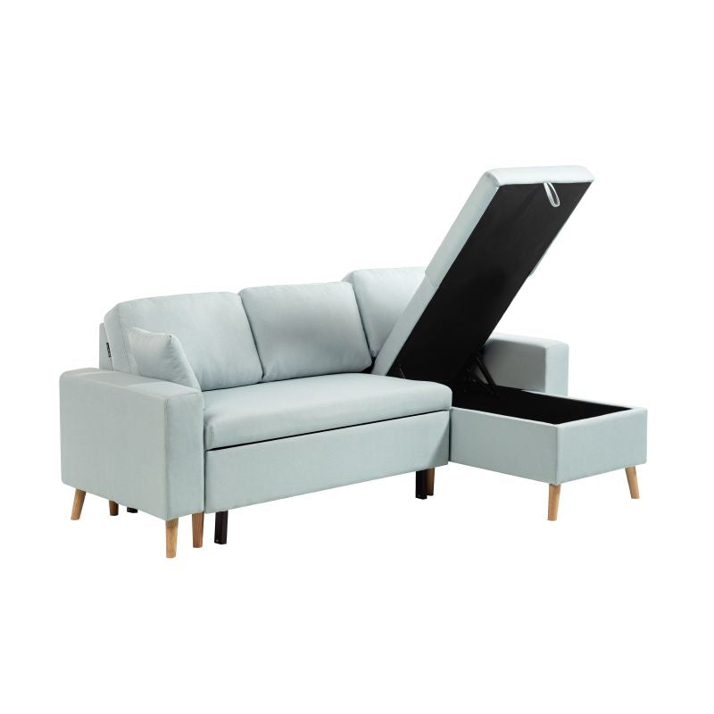 DOVIK - Canapé d'angle scandinave réversible convertible avec coffre en tissu - Bleu clair