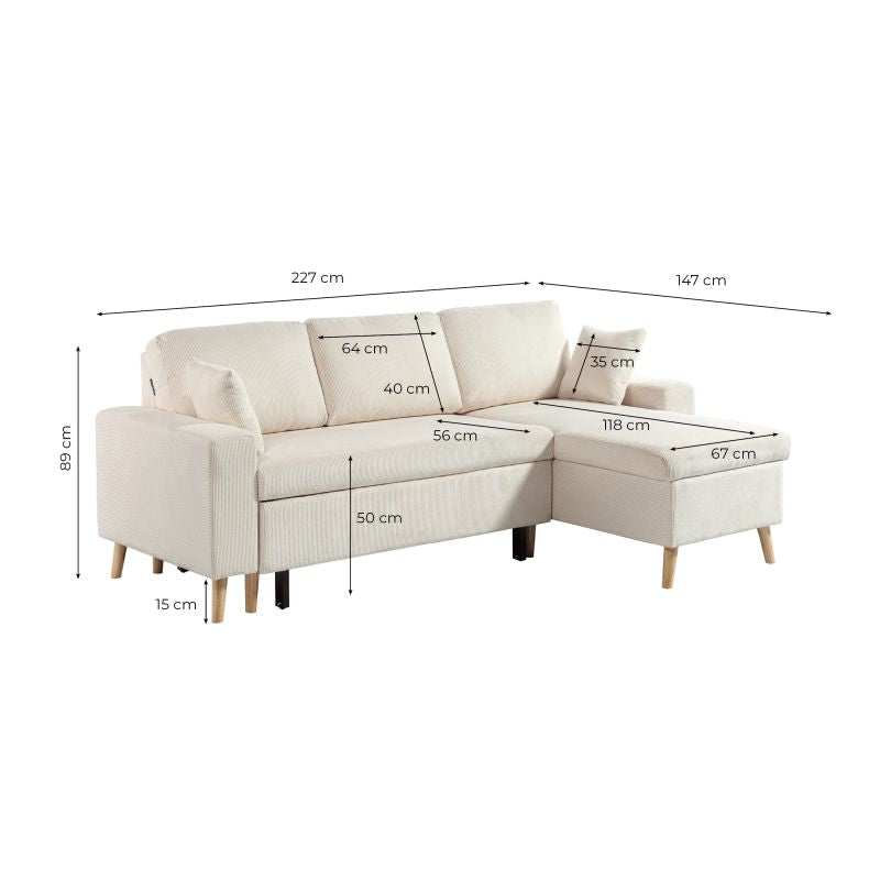 DOVIK - Canapé d'angle scandinave réversible convertible avec coffre en velours côtelé - Beige