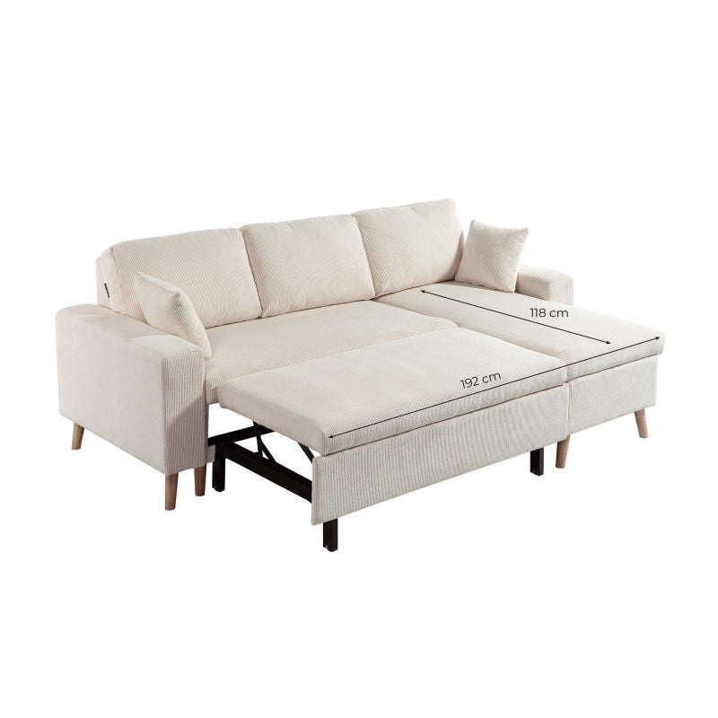 DOVIK - Canapé d'angle scandinave réversible convertible avec coffre en velours côtelé - Beige