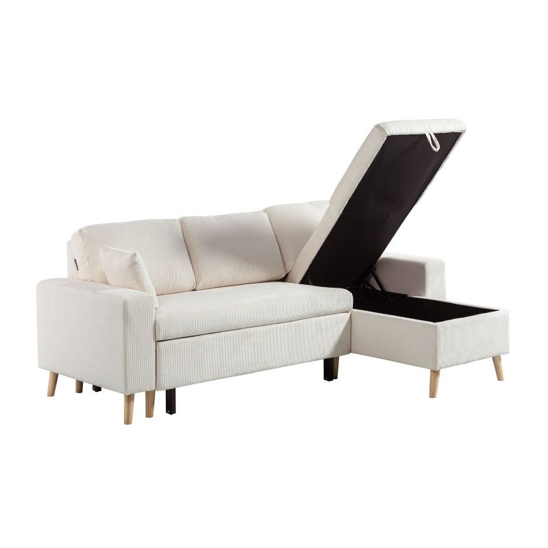 DOVIK - Canapé d'angle scandinave réversible convertible avec coffre en velours côtelé - Beige