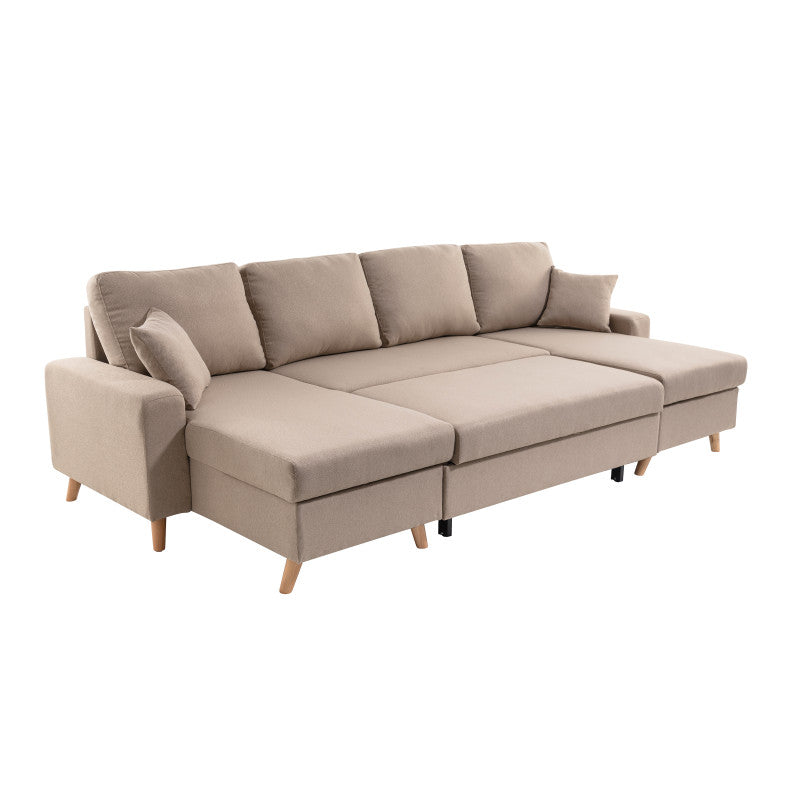 DOVIKU - Canapé panoramique scandinave convertible avec 2 coffres en tissu déperlant - Beige