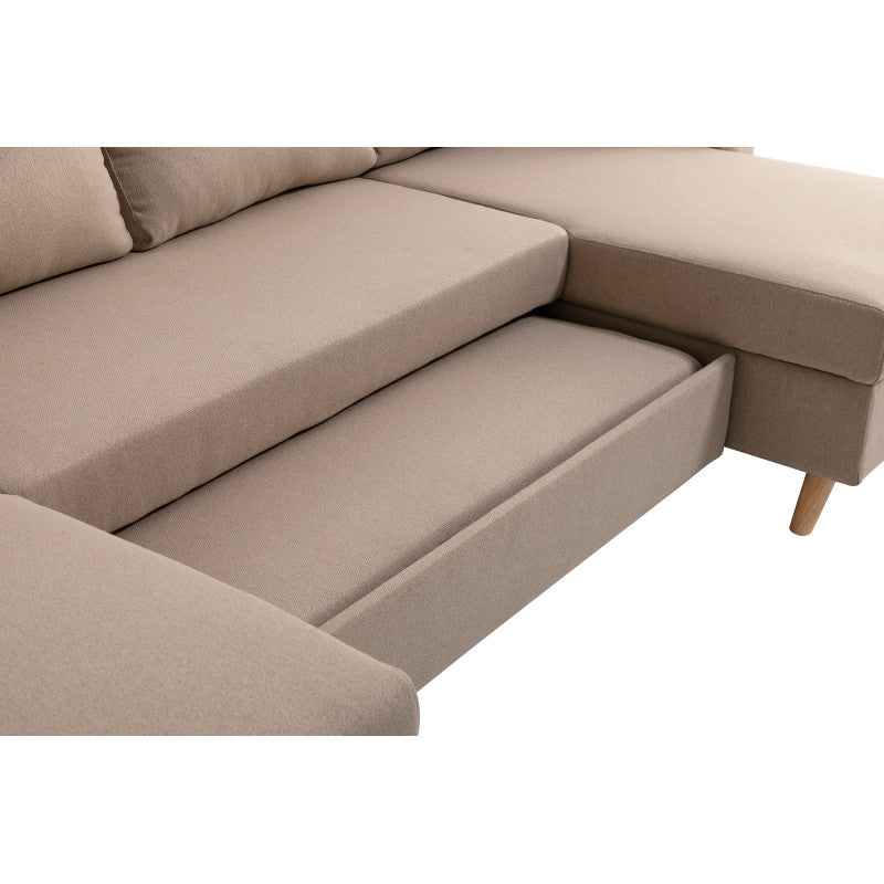 DOVIKU - Canapé panoramique scandinave convertible avec 2 coffres en tissu déperlant - Beige