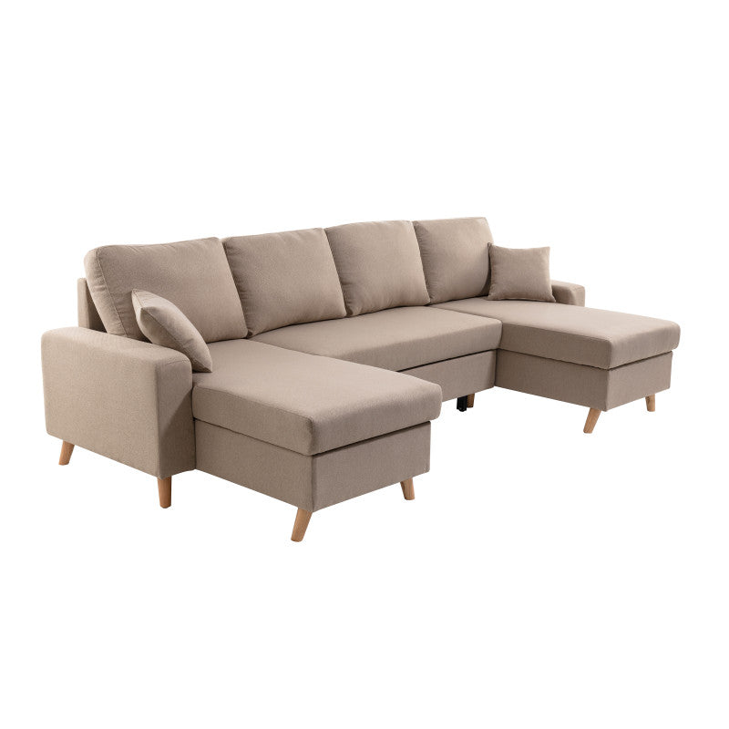 DOVIKU - Canapé panoramique scandinave convertible avec 2 coffres en tissu déperlant - Beige