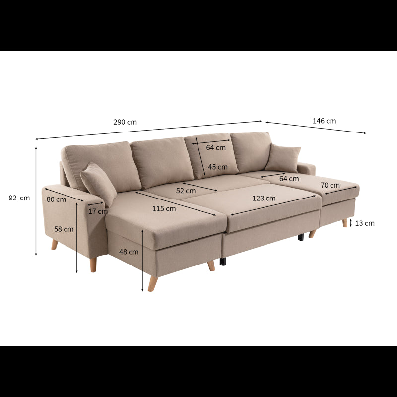 DOVIKU - Canapé panoramique scandinave convertible avec 2 coffres en tissu déperlant - Beige