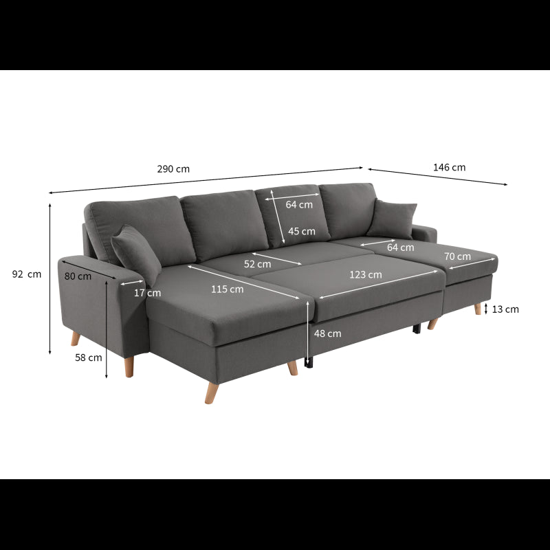 DOVIKU - Canapé panoramique scandinave convertible avec 2 coffres en tissu déperlant - Gris