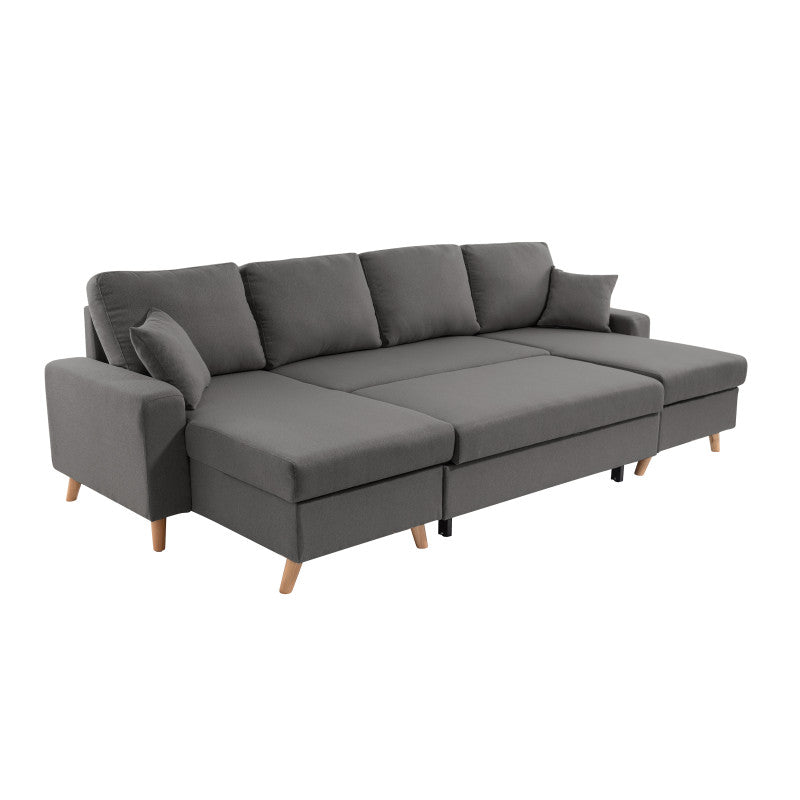 DOVIKU - Canapé panoramique scandinave convertible avec 2 coffres en tissu déperlant - Gris