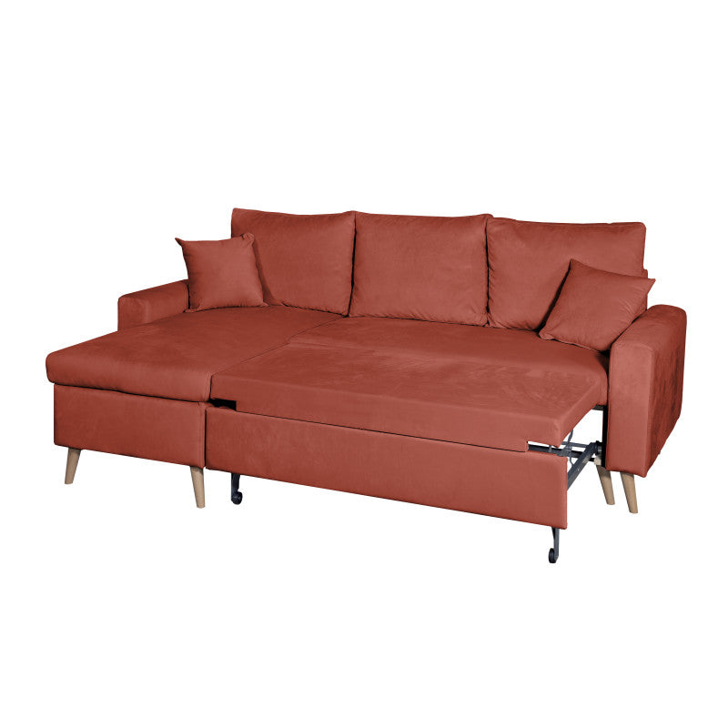 DOVIKV - Canapé d'angle scandinave convertible réversible avec coffre en velours - Rouge brique