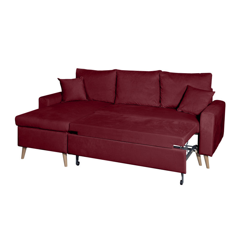 DOVIKV - Canapé d'angle scandinave convertible réversible avec coffre en velours - Bordeaux