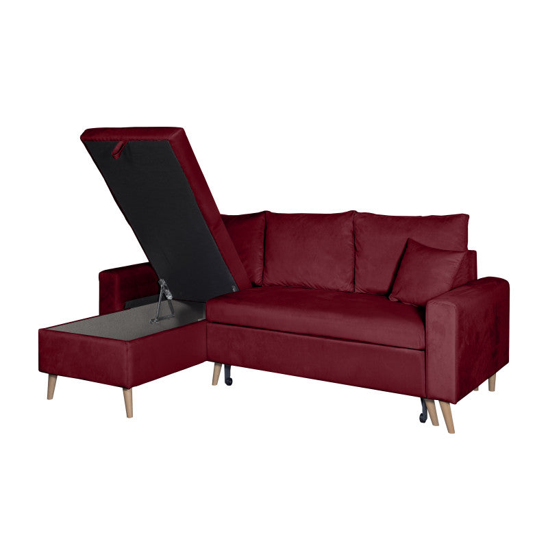 DOVIKV - Canapé d'angle scandinave convertible réversible avec coffre en velours - Bordeaux