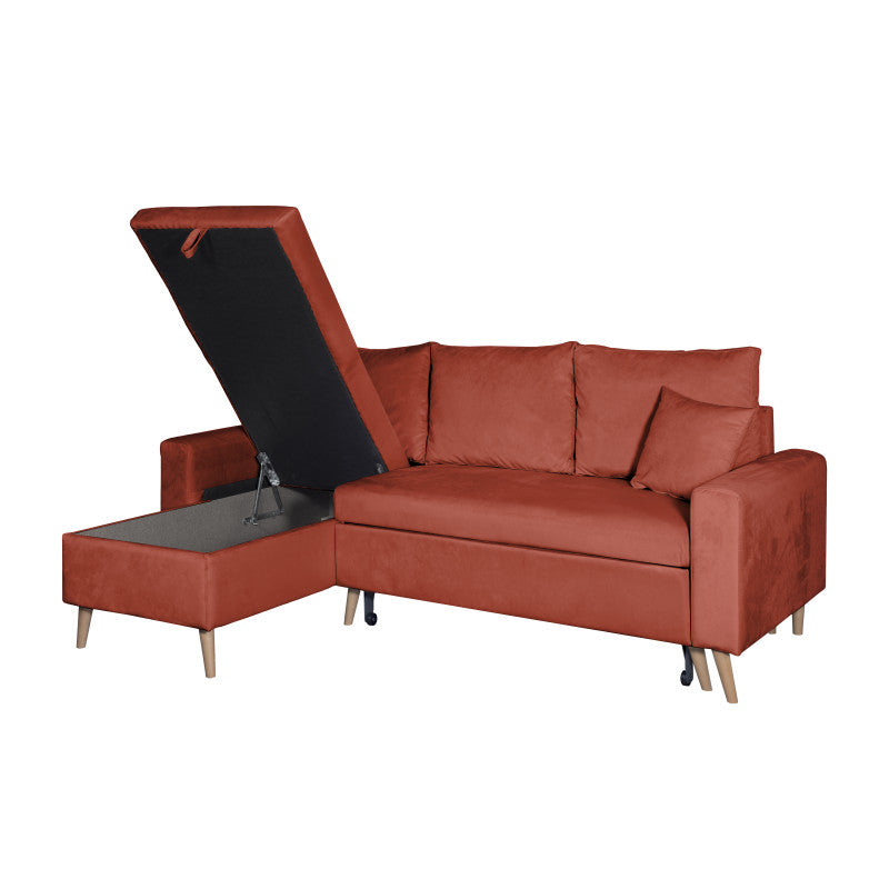 DOVIKV - Canapé d'angle scandinave convertible réversible avec coffre en velours - Rouge brique