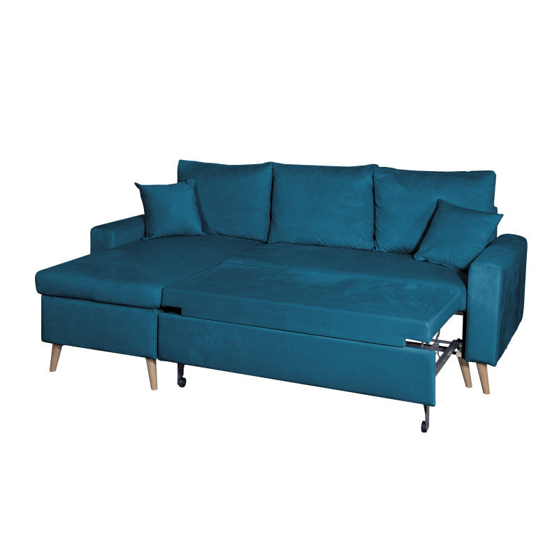 DOVIKV - Canapé d'angle scandinave convertible réversible avec coffre en velours - Bleu pétrole