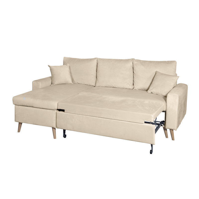 DOVIKV - Canapé d'angle scandinave convertible réversible avec coffre en velours - Beige