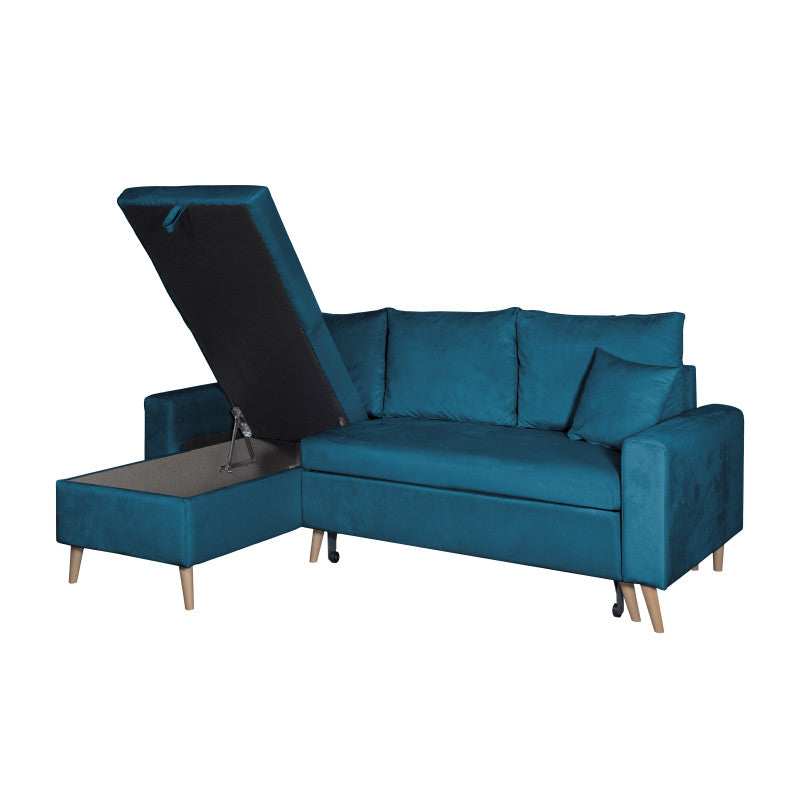 DOVIKV - Canapé d'angle scandinave convertible réversible avec coffre en velours - Bleu pétrole