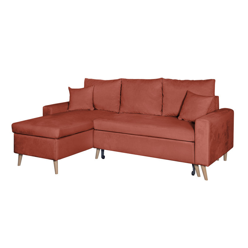 DOVIKV - Canapé d'angle scandinave convertible réversible avec coffre en velours - Rouge brique