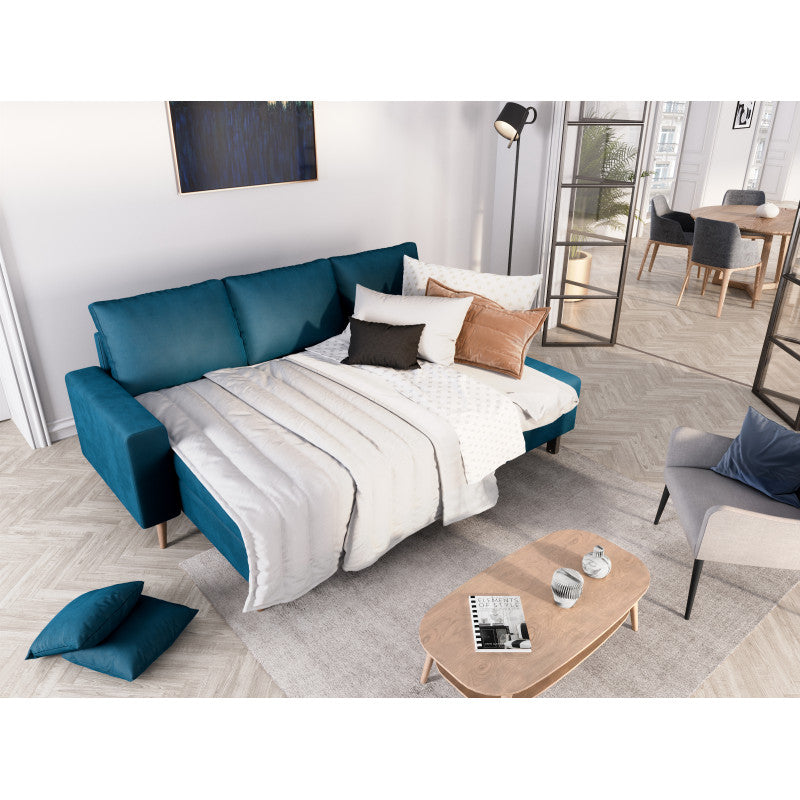 DOVIKV - Canapé d'angle scandinave convertible réversible avec coffre en velours - Bleu pétrole