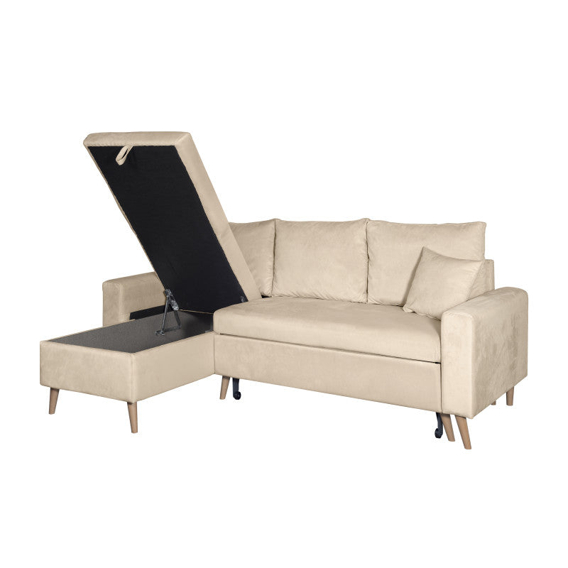 DOVIKV - Canapé d'angle scandinave convertible réversible avec coffre en velours - Beige